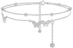 BOCHOI Beach Pearl Anklet Silver Lucky Bracelet de cheville pour dames en argent 925, double chaîne avec boule, longueur réglable Anklet Chain Adjustable Foot Jewellery Women Girls