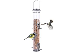 Urban Deco Metal Bird Feeder Tube Hanging Feeders Wild Bird Seed Feeder Metal 6 Port Bird Feeders with Steel Hanger Weatherproof and Water Resistant Great for Attracting Birds (Gray)