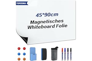 Topzora Whiteboard Magnetisch,45 * 90cm Magnetisches Whiteboard Folie,Magnetfolie Selbstklebend Weiß mit 4 Whiteboard marker & Whiteboard Schwamm & Magnetes für Schule Büro Haus