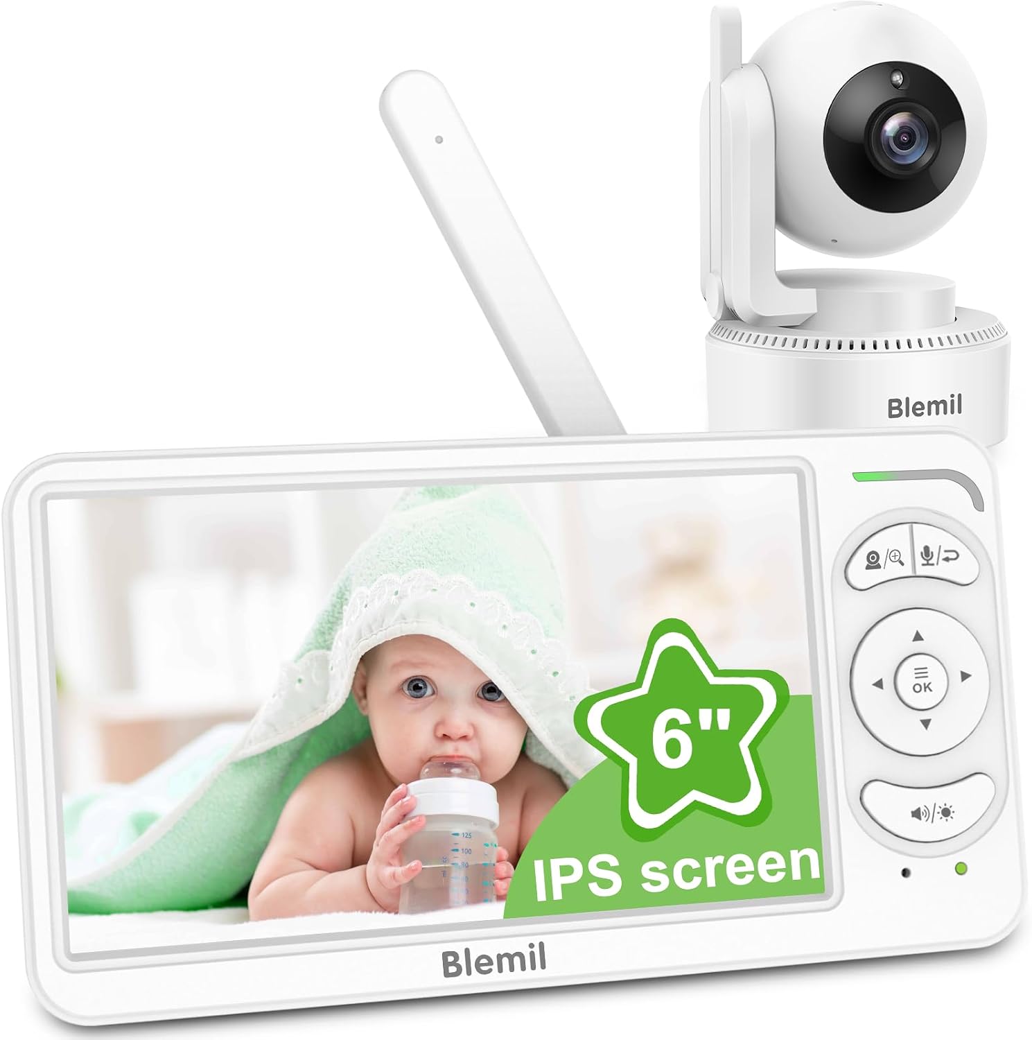 Blemil BabyMonitor with Camera and Audio, 6'' IPS Screen Baby Camera Monitor No WiFi, 30-Hrs Battery, ECO, Night Vision,2-Way Talk, Travel Video Baby Monitor Portable