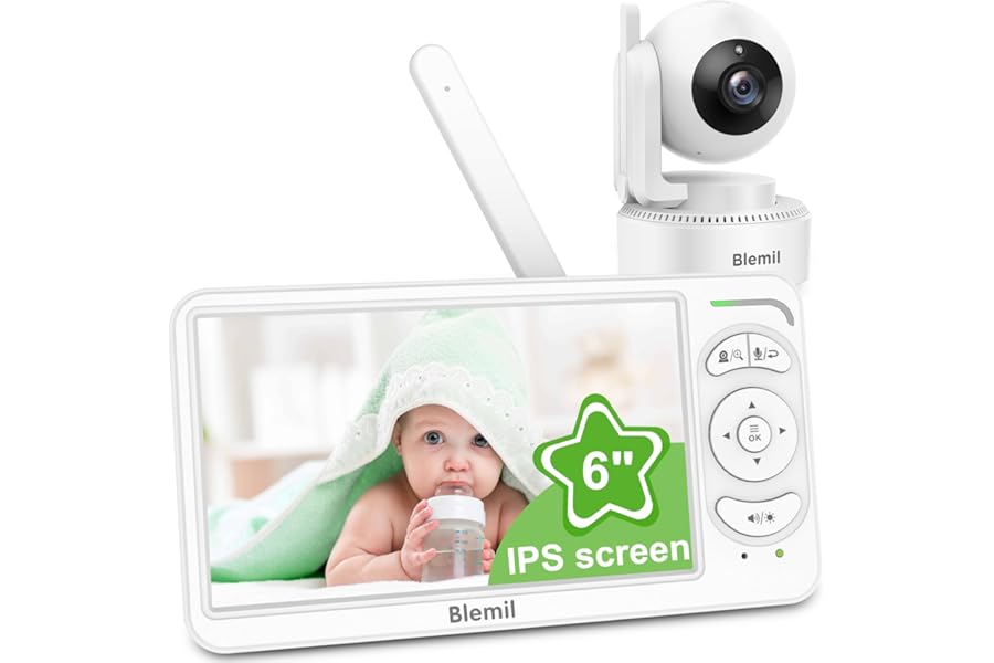 Blemil BabyMonitor with Camera and Audio, 6'' IPS Screen Baby Camera Monitor No WiFi, 30-Hrs Battery, ECO, Night Vision,2-Way Talk, Travel Video Baby Monitor Portable