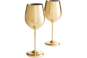 VonShef Brushed Gold Wine Glasses - Set of 2 475ml Shatterproof Wine glasses - Stemmed cocktail Glasses with Gift Box for Rosé, Red Wine & White Wine - Perfect for Parties & Gatherings