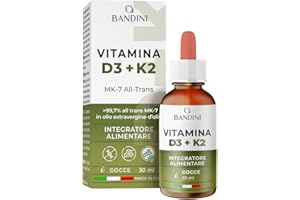 Bandini® Vitamina D3 K2 Gocce, in Olio Extra Vergine di Oliva EVO, Vitamine D Colecalciferolo 1000 UI per Goccia + Vit K MK-7 Menachinone Kappa 99,7% 100 mcg per Goccia, con pratico Contagocce