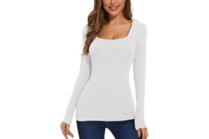 WOWENY Thermo Oberteil für Damen Winter Pullover Eckigem Ausschnitt Langarm Thermounterwäsche Gerripte Tshirts Unterhemd Langarmshirt Fleece Shirt,