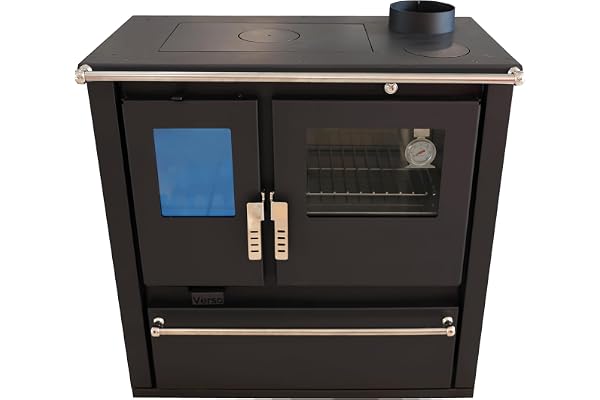 Träspis Köksugn VERSO CS Plus Inox – kamin med ugn och häll, BImSchV nivå 2, fristående, EEK A+, modern köksspis, trä, rostfritt stål ugn