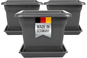 ‎2FRIENDS 3er Set Blumentopf Gross mit Untersetzer 28x28 cm eckig, Pflanzkübel Groß aussen, Tomaten Kübel Blumenkübel Pflanztopf Pflanzentopf Blumentöpfe Pflanztöpfe, Made in Germany, Anthrazit, Model:Ago