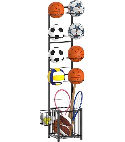 QWORK Support De Rangement Pour Ballons - 5 Emplacements + Panier, Organisateur Équipements Sportifs 116 Cm