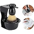 Alleisure 3-in-1 Shaving Brush Set for Men - Shaving Soap Bowl, Hair Shaving Brush, and ABS Stand with Razor Slot - Stainless Steel Men's Grooming Kit for Professional Shaving and Salon Use (Black)