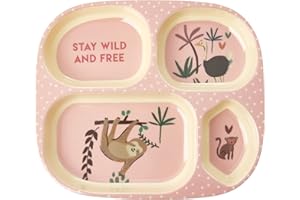 RICE Melamin Kinderteller mit 4er Einteilung - Pink - Jungle Animals Print