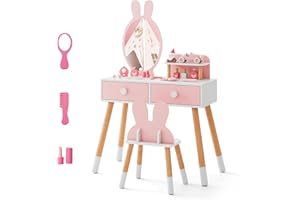 COSTWAY Tocador de Maquillaje de Princesa para Niña, Juego de Mesa y Silla, Escritorio Espejo 2 en 1 para, 2 Cajones y Estante, Juego de Tocador con Patas de Madera Maciza (Rosa)