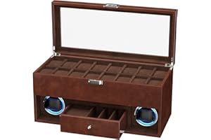 XTELARY Double Remontoir pour 2 Montres automatiques avec vitrine de Montre à 16 Compartiments, boîte à tiroirs, 4 Modes de Rotation, Coussin de Montre réglable et lumière LED Bleue pour Les Amateurs