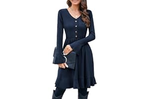 ULTRANICE Strickkleid Damen Herbstkleid Winterkleid V Ausschnitt Pulloverkleid mit Deko Knopf Herbst Winter Kleider