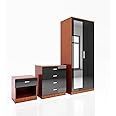 ELEGANT 3 Piece Bedroom Furniture Sets High Gloss Soft Close Wardrobe Mirrored + 4 Storage Drawer Chest of Drawers + Bedside Cabinet, Black-Walnut Wardrobe and Chest of Drawers Set