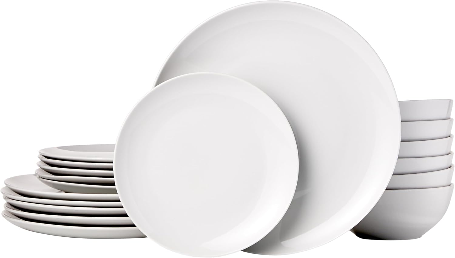 Amazon Basics Vajilla, 6 servicios, Paquete de 18, Porcelana blanca lisa