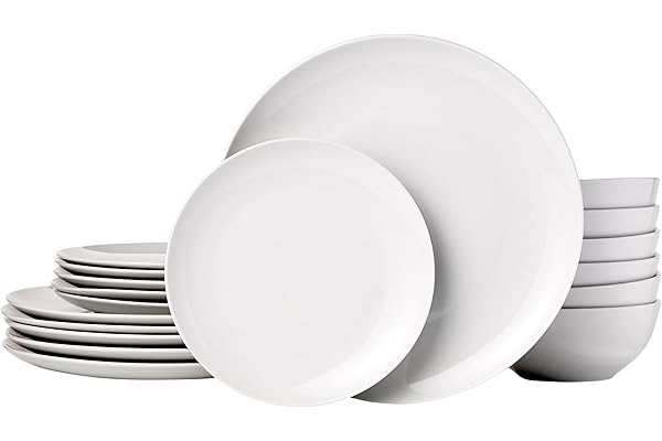 Amazon Basics Service de table 18 pièces , Porcelaine blanche coupée, pour 6 personnes