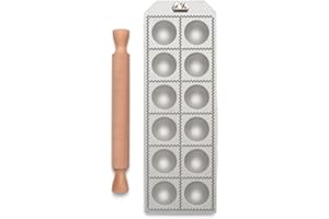 Marcato Stampo per Ravioli, Forme per Ravioli, Alluminio, Mattarello in Legno Incluso, Preparazione Facile, Design Elegante, RA-T55X12-CLS
