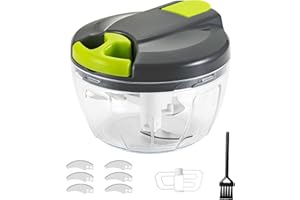 BAYUYI Hachoir Manuel,Hachoir Oignon Manuel, 520 Ml Livré avec 3 lames en acier inoxydable, 3 lames supplémentaires et un mixeur en bonus,Pour Légumes,Viande, Oignon, D'ail，broyage Des Aliments Pour Bébé