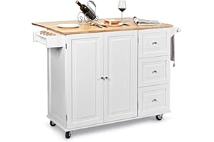 COSTWAY Kitchen Storage Trolley, Rolling Island Cabinet with Extendable Tabletop and Adjustable Shelves, Home Kitchen Dining Organiser Sideboard Cupboard Cart, 136 X 76 X 91cm (White)