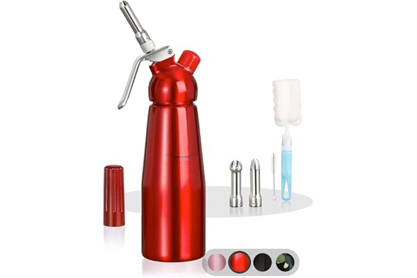 AMAZY Siphon Chantilly - Siphon en INOX avec 3 Douilles + 2 Brosses Nettoyantes - Siphon à Chantilly Professionnel - Machine à Chantilly - Siphon Aluminium pour Mousse Chantilly et Crème, Rouge