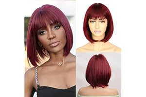 Sapphirewigs Burgundy Bob Wigs for Women Wine Red Bob Wig with Bangs Short Hair Daily Party Natural Looking 12 inch