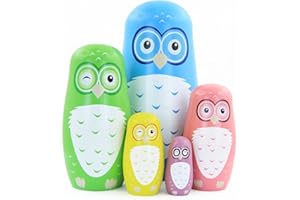 BOERNI Set mit 5 Cartoon-Eule aus Holz, stapelbare Krippe, handgefertigte Matroschka-Puppe für Kinder, Geburtstag, Weihnachten, Heimdekoration