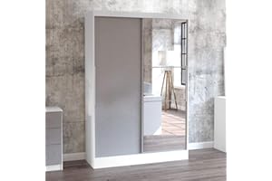HAPPYBEDS Happy Beds Lynx 2 Door Sliding Mirrored Wardrobe Wood Bedroom Furniture Storage White and Grey