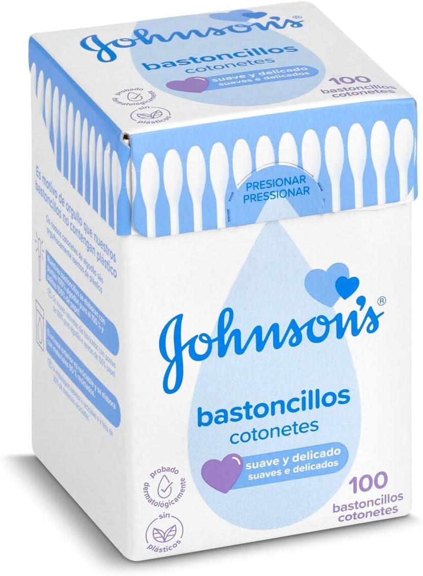 Johnson's Baby bastoncillos para bebés, niños y adultos (1 x 100 unidades), bastoncillos para los oídos con puntas 100% de algodón puro y palitos 100% de papel