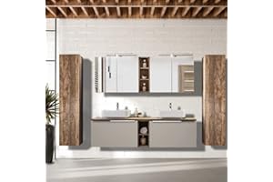 Lomadox Badmöbel Komplett Set in Taupe mit Vintage Eiche, 180cm Doppel Waschtischunterschrank, 2 Keramik Waschbecken, Regale, 2 LED-Spiegelschränke, 2 Hochschränke