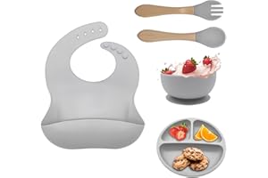BIZCASA Baby Weaning Set, 5pcs Toddler Feeding Set Adjustable Bib with Large Crumb Pouch, Suction Bowl, Spoon, and Fork Baby Feeding Sets Easy Wipe Clean Cutlery Set BPA Free for Babies and Toddler,Grey