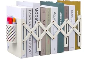 Expandable Metal Bookends, MSDADA Adjustable Book Ends Heavy Duty Book Holder Desktop Book Stand Non-Skid Desk Organizer for Kids Student Home Office School Bookshelf Book Storage (Beige)