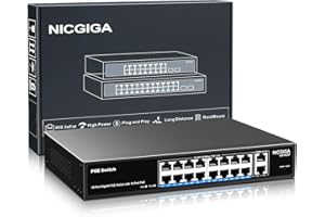 NICGIGA Switch Poe Gigabit a 16 Porte Non gestito, Poe+ a 16 Porte a 250W, 2 Porte uplink Gigabit, Switch Power Over Ethernet di Rete Gigabit 18 Porte, modalità VLAN, Montaggio su Rack da 19 Pollici