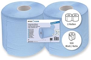 Franz Mensch HygoClean Putzpapiere Allfood, 2-lagig, 35cm x 22cm, blau | geprägter Zellstoffmix, 2 Rollen, je 500 Abrisse, saugfähige Reinigungstücher, Wischtücher, lebensmittelecht