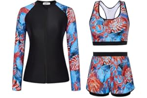 JASAMBAC 3-Piece Rash Guard Swimsuits for Women UPF 50+ Bikini Top & High Waist Boyshorts Zipper Modest Swimwear Ladies Swimming Costumes Bathing Suit Soft Surf Suit