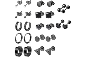 QINCLING 12 Pairs Black Earrings Studs, Stainless Steel CZ Screw Studs Cartilage Earrings Hoops Barbell Ear Plugs Ear Piercing Triangle Screw Studs Earrings Endless Round Huggie Hoop Men's Earrings