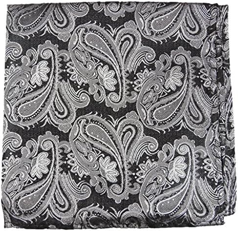Black silver paisley pocket square handkerchief 100% silk