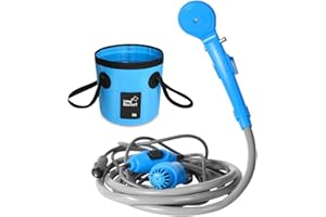 AUTOPkio Kit de Seau se Pliant de Douche Extérieure Portative, Campant la Tête de Douche Enfoncent dans L'adaptateur 12V et Transforme l'eau en Courant Doux Régulier (Bleu)