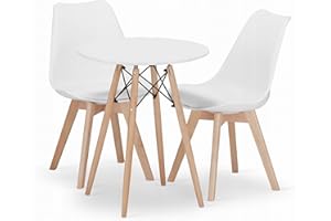 NMK HOME Conjunto Mesa Redonda Ф 60 cm y 2 Sillas Comedor Blancas - Mesa de Cocina con Sillas con Cojín de Cuero Sintético y Patas de Madera de Haya