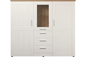 ‎TRENDTEAM SMART LIVING trendteam smart living - Shade - Schrank - Weiß/Eiche - Highboard mit 3 Türen, 3 Schubladen, 2 Kleiderböden, 4 Einlegeböden und 1 Glasboden - (BxHxT) 159 x 140 x 41 cm - silberfarbene Griffe