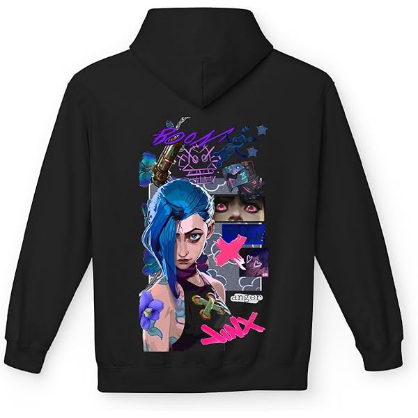 Sweat à Capuche Arcane Jinx - Noir, Motif Rose/bleu - Taille XS à XXXL - Tissu Polyester 350-400 G - Coupe Ample, Manches Longues - 4