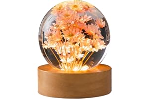 CIMSFCOR Lampka nocna 3D z kryształową kulką i stokrotką, 6 cm, lampka nocna z drewnianą podstawą, wieczny kwiat do domu, dekoracja stołu, na urodziny, Boże Narodzenie (czerwona)