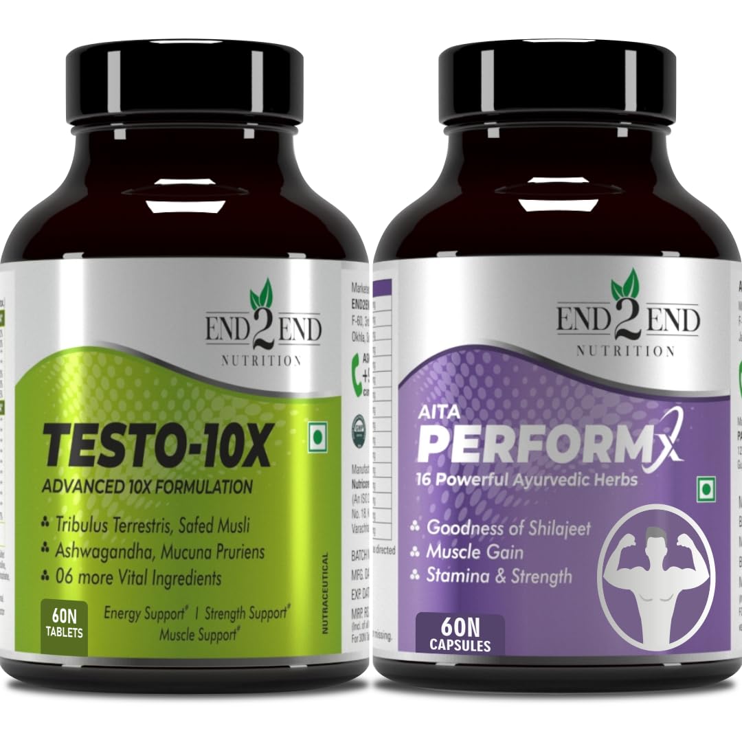 End2End Nutrition Testo-10X and PerformX Natural Testosterone Booster Supplement for Men with Shilajit, Tribulus, Ashwagandha