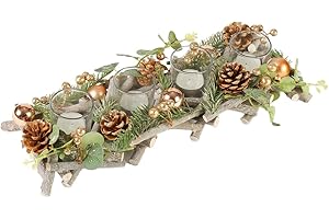 DIBOR Christmas Table Decoration Tea Light Candle Holder Jar Four Section Pine Cone & Natural Wood Christmas Winter Table Centrepiece Décor Festive Tealight Holder Xmas Table Decorations (Gold)