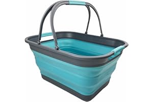 SAMMART Bassine pliable de 29 l avec poignée – Panier de pique-nique portable – Sac de courses pliable – Boîte de rangement peu encombrante (gris/bleu cristal)