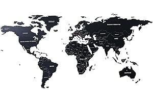 MY WORLDLANCE Mappa del mondo 3D in legno | Decorazione d'arte per parete | Mappa di viaggi per parete. Idea Eccellente Come Regalo o Come Decorazione muraria - Ufficio, Cucina, Salotto (125 x 59 cm, Nero)