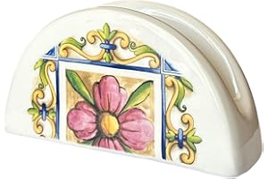 GMM Servilletero de cerámica servilletero de mesa para casa, bar, restaurante, pizzería, pub, decoración con impresión mediterránea, 13 x 7 cm (blanco flor rosa)