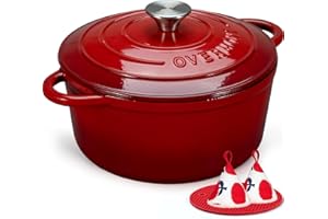 Overmont 26cm/5.2L Enamelled Cast Iron Round Casserole Dish With Lid,5.5QT, Cookbook -Non-stick Dutch Oven for Braising, Stews, Roasting, Bread Baking - Cherry red