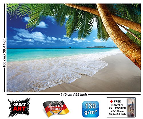 GREAT ART Affiche de décoration Murale des plages de rêve de Palm Beach des Caraïbes Un Paradis d'île Naturelle de Palmiers tropicaux et de Ciel Bleu | Mur Deco Poster Mural Image by (140 x 100 cm)