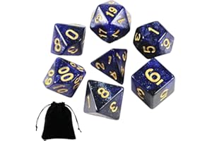 OUDQFCJ 7 Piezas Dados Poliédricos Juego Poliédrico de Colores con Bolsas para DND RPG MTG (D20, D12, D10, D%, D8, D6, D4) (azul negro)