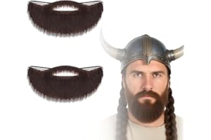 HUSHRICH 2Pcs Realistic Fake Beards, Adjustable Brown Old Men Fake Moustache with Elastic Strap, Novelty Dummy Mustache Whisker Halloween Christmas Costume Party, Cosplay Facial Supplies for Adults Teens Brown