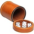TOPTAN Leatherette Dice Cup with Lid Includes 6 Dices, Velvet Interior Quiet in shaking for Liars Dice Farkle Yahtzee Board Games, Brown